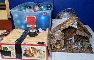 lot 198 image: Christmas Dcor BlueSilver Ornaments, Nativity Set, & Misc. Items