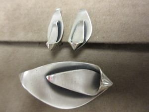 LEUF HAND WROUGHT STERLING PIN AND EARRINGS