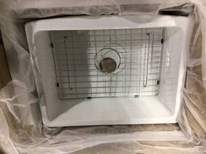 White Ceramic 24 in. Single Bowl Farmhouse Apron Kitchen Sink with Grid and Strainer by Eridanus Customer Returns See Pictures
