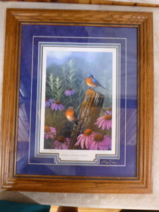 lot 53 image: Bluebird and Purple Coneflower Framed Print by Larry Zach