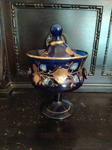 Hand Painted Blue Glass Lidded Dish from Iran