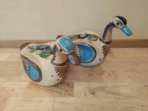 Two Clay Hand Painted Geese