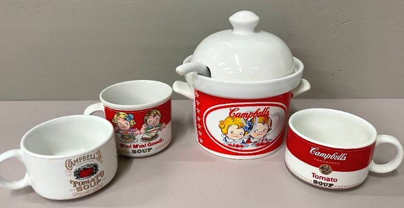 Campbells Soup Crock w Ladle and 3 Soup Bowls