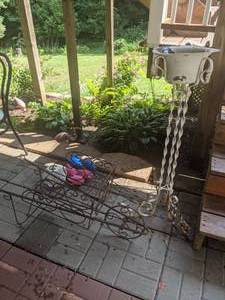 lot 332 image: Garden Dcor Decorative Wrought Iron Wheel Barrel Planter, Tall Wrought Iron Planter, Decorative Flowers, & More