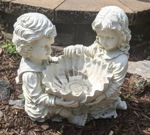 lot 334 image: Beautiful Garden Sculpture Little Boy & Girl Holding a Scalloped Bowl