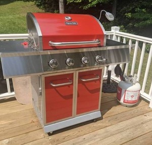 lot 341 image: Dyna Glo 3 Burner Red Propane Gas Grill with 2 Doors