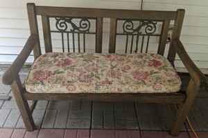 lot 319 image: Solid Wood Bench with Wrought Iron Dcor & Floral Cushion
