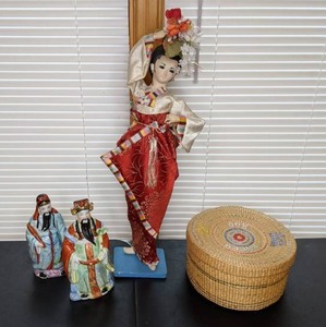 lot 13 image: Vintage Chinese Figurines, Village Girl Doll and Decorative Basket