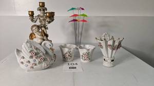 lot 104 image: Lefton China Swan, Decor, Cherub Candelabra and Dolphin Knicknack