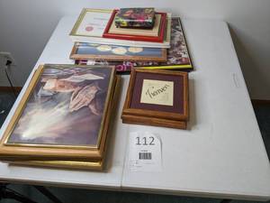 lot 112 image: Picture Frames, Michael Jordan Poster, Ten Commandments, Praying Hands Daily Bread Painting