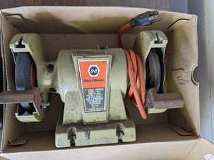 lot 254 image: Lot of Shop Tools Black & Decker Bench Grinder, Craftsman Multi-Sander, Tool Shop Air Tank, & Metabo Cordless Drill