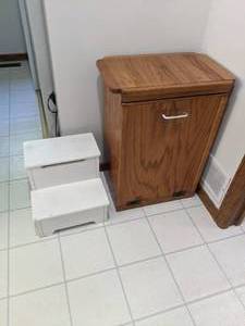 lot 36 image: Wooden Trash Storage and Step Stool w Storage