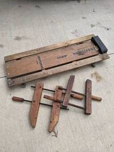 lot 208 image: Vintage 42 Craftsman Creeper & Vintage Wooden Vice Clamps