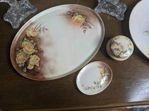 lot 244 image: Haviland of France Porcelain Dresser Set, Crystal Perfume Bottles & Ring Caddy