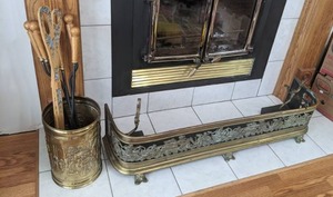 lot 229 image: Vintage Brass Fireplace Fender & Accessories