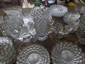 lot 213 image: Amazing 86 piece Collection of Fosteria Glass pieces Bowls, Vase, Candy Dishes, Duel Candle Holders, Mugs and More