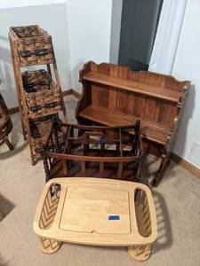 lot 125 image: Freestanding set of (3) Baskets, Wall Shelf, Magazine Rack, and Laptop Table