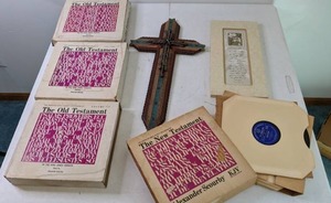 lot 156 image: New & Old Testament Vintage Vinyl Records by Alexander Scourby, Wooden Cross, and More