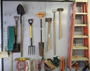lot 201 image: Large Mixed Lot of Yard Tools, Extension Cords, Ladder, & More