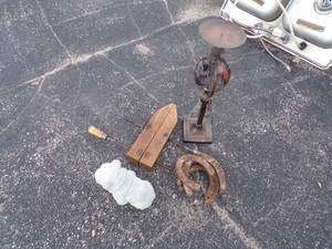 lot 131 image: Vintage Lot, Wood Clamp, Candle Holder, Horse Shoes, and Dog