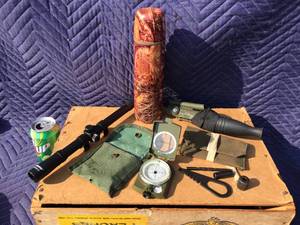 lot 87 image: Compass, Grunt Call, Scope, Thermos, Gun Parts