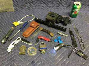 lot 125 image: Misc Knives - Locks - Flashlights - Scope - Binoculars