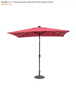 Sun-Ray 9 ft. x 7 ft. Rectangular Solar Lighted Market Patio Umbrella in Scarlet & Walker Edison Furniture Company Round Patio Umbrella Base in Antique Bronze. See Pictures