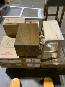 Pallet Of Assorted Stools, Chairs , End Tables And Rolling Cart See Pictures To Better See All Items On Pallet