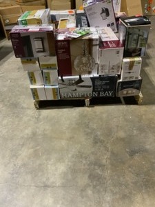 Pallet Of Home Decorators Collections And Hampton Bay Lighting Fixtures, Accessories, Pendants, Wall Landers, Ceiling Fans And More  See Pictures