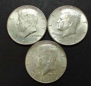 lot 21 image: 3 1964 90% Silver Kennedy Half Dollars