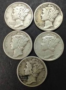 lot 41 image: 5 90% Silver Mercury Dimes