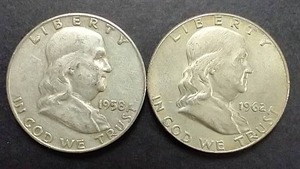 lot 44 image: 2 90% Silver Franklin Half Dollars