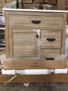 lot 11 image: Stanhope 31 in. W x 22 in. D Vanity in Reclaimed Oak with Engineered Stone Vanity Top in Crystal White with White Sink by Home Decorators Collection