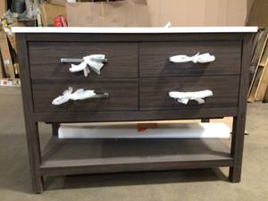 lot 22 image: Home Decorators Emslie 48 in. W x 22 in. D Vanity in Coffee Oak with Engineered Vanity Top in Carrara with White Sink see pictures