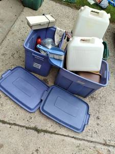 lot 53 image: Lot of (3) Totes of Camping Supplies and (2) Large Water Containers