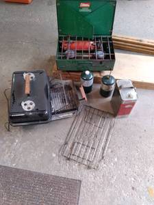 lot 57 image: Set of Outdoor Cooking Gear Propane Stove, Charcoal Grill, and Accessories 