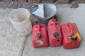 lot 80 image: Lot of (3) Gas Cans, (1) Ash Bucket, and (1) 5 Gallon Pail