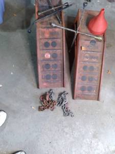 lot 82 image: Lot of (2) Stationary Car Jack Stands, Tire Irons, Chains and Hooks, Etc.