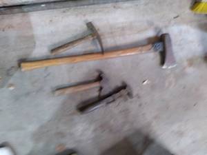lot 83 image: Collection of Tools Axe, Hatchet, Chisel, and Pipe Wrench