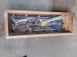 lot 100 image: Hand-Made Wood Box Full of Hand Tools (12)