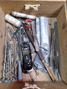 lot 102 image: Hand-Made Wood Box Full of Files, Clamps, Etc. 