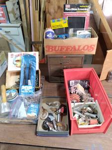 lot 106 image: Assortment of Garage Tools and Toys Alaska Hand Knife, Pop Rivet, Hose Clamps, Woodworking, and More. 
