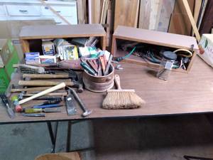 lot 108 image: Lot of (2) Wooden Boxes Hammers, Paint Supplies, Bungee Cords, Screws, Etc. 