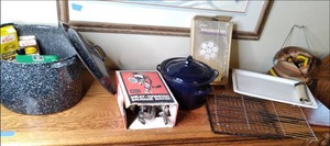 lot 21 image: Culturally Eclectic Set of Kitchen Items Sears Meat Grinder, Stock Pot, Aebleskiver, Corning, Etc. 