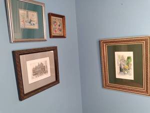 lot 36 image: Set of (3) Collectible Artists Prints and (1) Hand-Sewn Cross Stitch