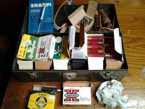 lot 254 image: Vintage Military Grade Tool  Storage Box with 12 Gauge Shells by Remington, Federal, Western, and .30 m1 Caliber Steelcase and More  