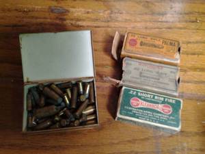 lot 256 image: Vintage Metal Hinged Box with .22 Ammunition and More Remington, KleanBore, Palma, Westchester 