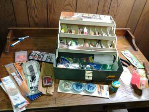 lot 275 image: Plano Fishing Tackle Box Stuffed Full of Tackle Rapala, Spinmaster, Uncle Josh 