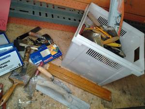 lot 299 image: Plastic Tote with Painting Supplies and More 