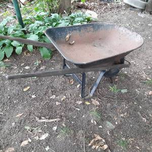 lot 160 image: Standard Vintage Metal Framed Wheelbarrow with Wood Handles 